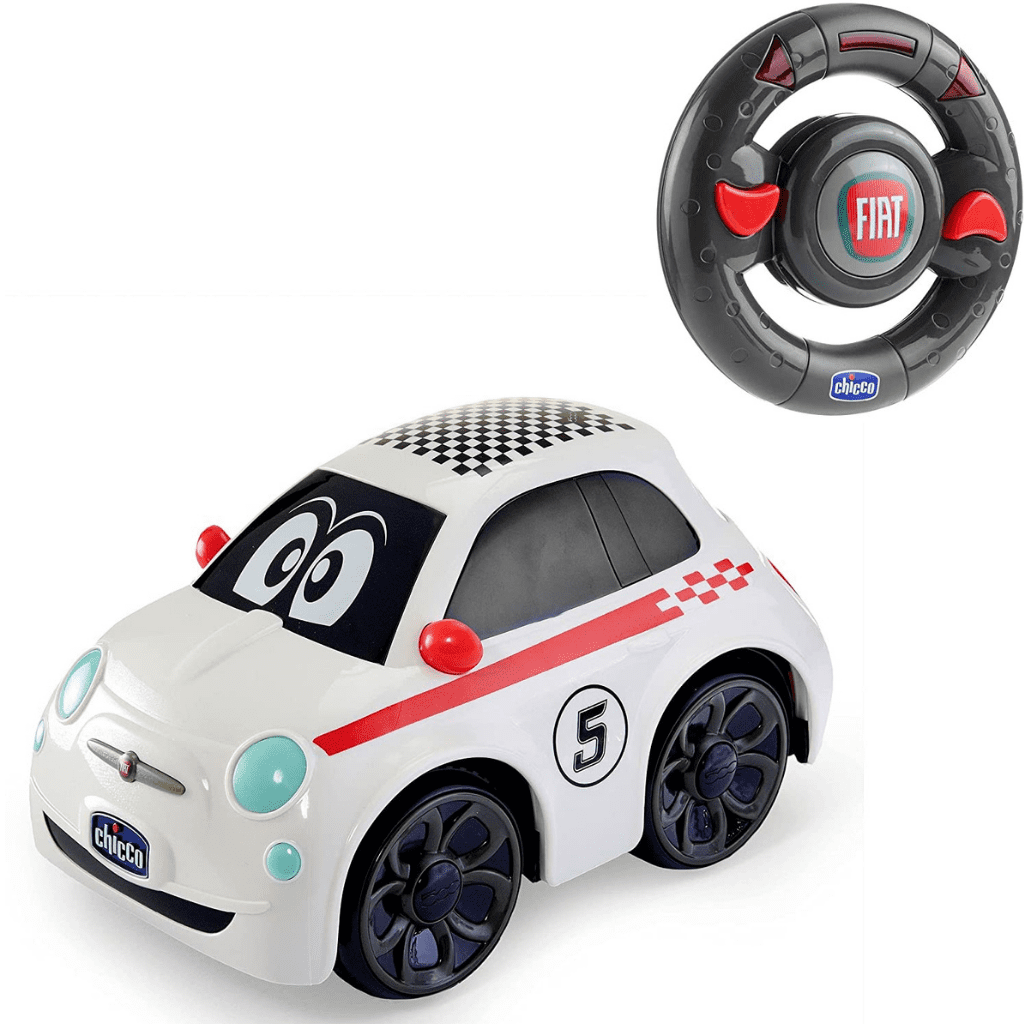 Chicco Fiat 500 Sport Blanco, Coche Teledirigido para Niños con Control Remoto Intuitivo en Forma de Volante, Luces y Sonidos – Coche Radiocontrol