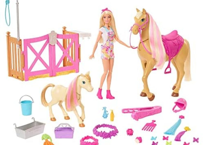 Barbie con caballo y poni Muñeca rubia con animales de juguete y accesorios de establo y para peinar al caballo Mattel GXV77