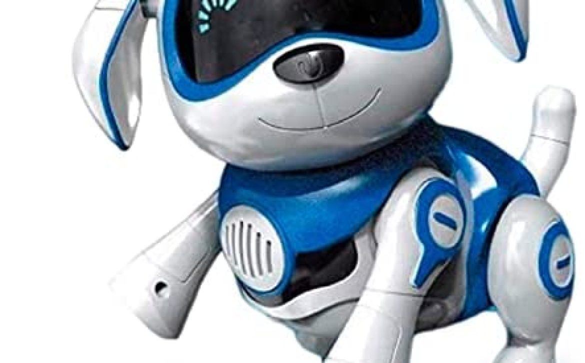 JUGUETECNIC │Perro Robot para Niños Interactivo Rock │Muestra Emociones y Movimiento │ Ladra y Juega con su Hueso │ Batería Recargable y Cable USB (VERSIÓN ESPAÑOL, Azul)